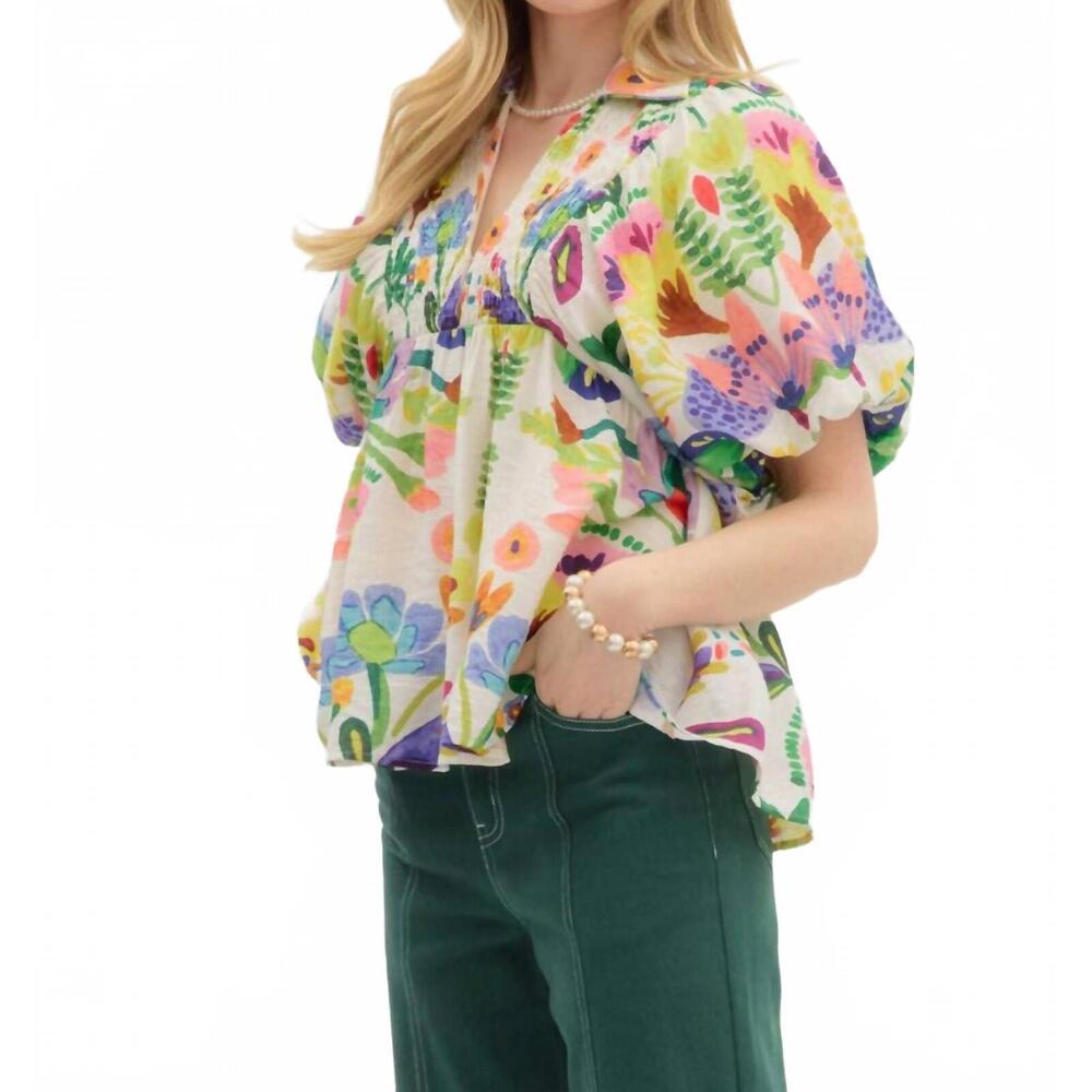 NEW ENTRO floral smocked collar bubble sleeve top in multi - Picture 5 of 8